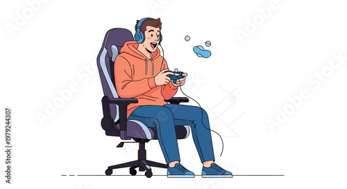 Gamer with Headphones Playing Video Game on Ergonomic Chair