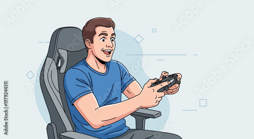 Excited Gamer Playing Video Games in Ergonomic Chair