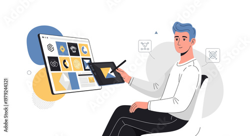 Graphic designer working on digital art with tablet and computer, creative process