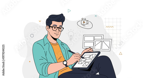 Graphic designer working on tablet, creating digital art and storyboards, creative process