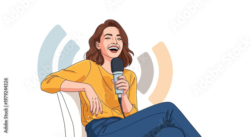 Happy Woman Podcaster Laughing into Microphone, Radio Waves Graphic