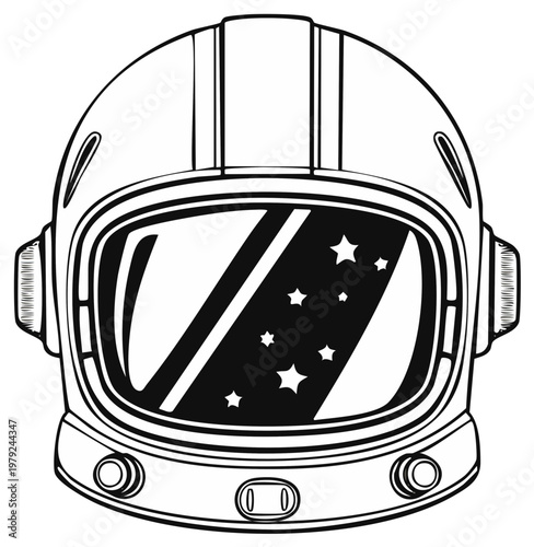 Astronaut helmet reflecting stars and nebulae in outer space illustration