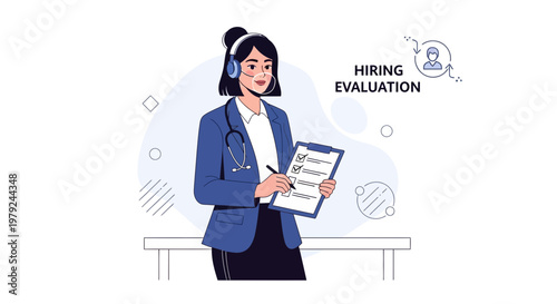 Hiring evaluation concept, woman with headset and checklist assessing candidate