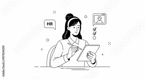 HR professional reviewing candidate profile and checklist on tablet, online recruitment concept