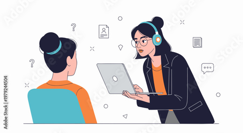 Job Interview: Recruiter with Laptop and Headphones Interviews Candidate, Business Meeting