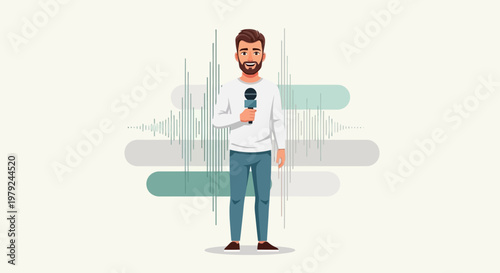 Male reporter holding microphone with sound waves and audio bars background