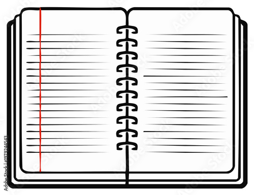Open spiral bound notebook with blank lined pages and red margin line