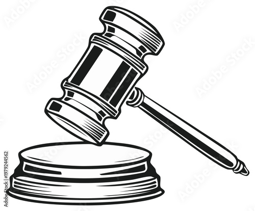 Graphic illustration of a courtroom gavel and sound block, a symbol of justice and legal proceedings.