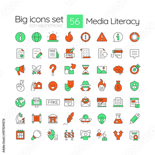 Media literacy line color icons set. Digital media, social misinformation. Communication issues. Marketing research. Vector illustrations. Simple flat colorful symbols collection. Editable stroke