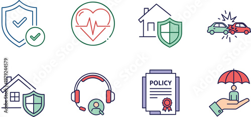 Home and property insurance icon set with house protection symbols for real estate safety and security concepts