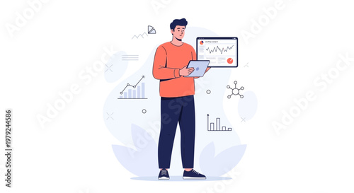 Man analyzing data on tablet and screen, business analytics concept