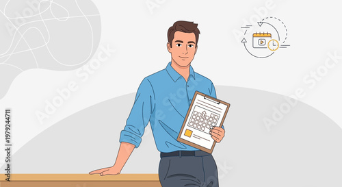 Man holding clipboard with schedule, calendar icon with arrows, business concept