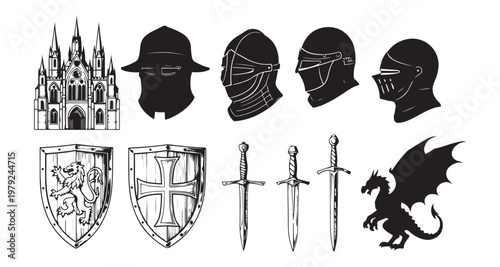 Gothic castle medieval armor shields swords dragon silhouette set knight helmet iconic fantasy.