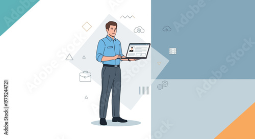 Man Holding Laptop with Profile and Data Icons, Business and Technology Concept