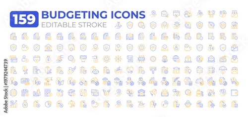 Budgeting two color two color line icons big set. Plan manage money, time and resources. Financial management bicolor outline mega pack isolated, pixel perfect. Duotone thin lineart. Editable stroke
