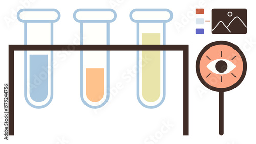 Science, laboratory research, data analysis, quality control, experiments, education. Three test tubes with liquid, magnifying glass inspecting graphics. Science and laboratory research ion