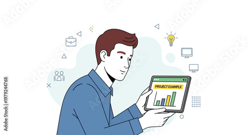 Man holding tablet with project progress chart, business analytics and startup ideas