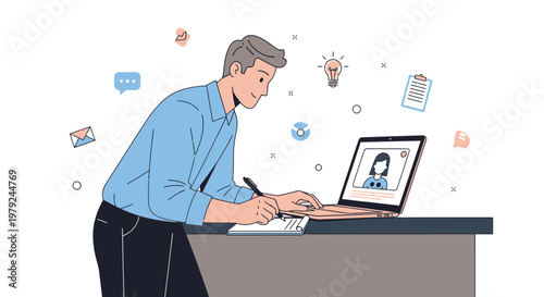 Man in blue shirt attending online meeting, taking notes, remote work concept