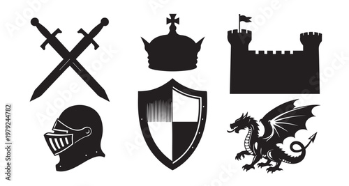 Medieval fantasy icons silhouette set swords crossed crown shield castle dragon helmet knight armor.