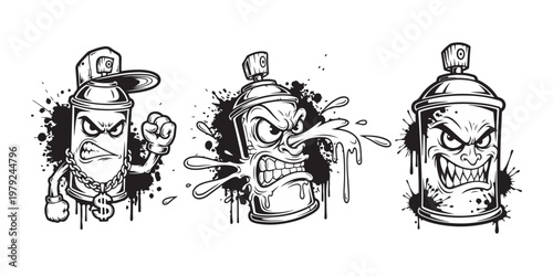 Three different illustrations of angry spray paint cans, black and white graffiti style characters with aggressive facial expressions.