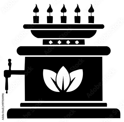 Ornate ceremonial urn with burning candles and a leaf symbol vector icon silhouette