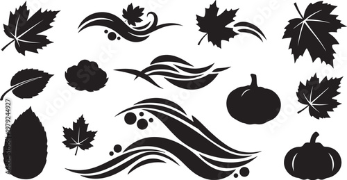 Autumn Leaves and Fruits Silhouette Vector Icons Set