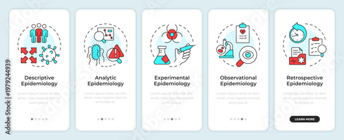 Types of epidemiological studies onboarding mobile app screen. Walkthrough 5 steps editable graphic instructions with linear concepts. UI, UX, GUI. Montserrat SemiBold, Regular fonts used