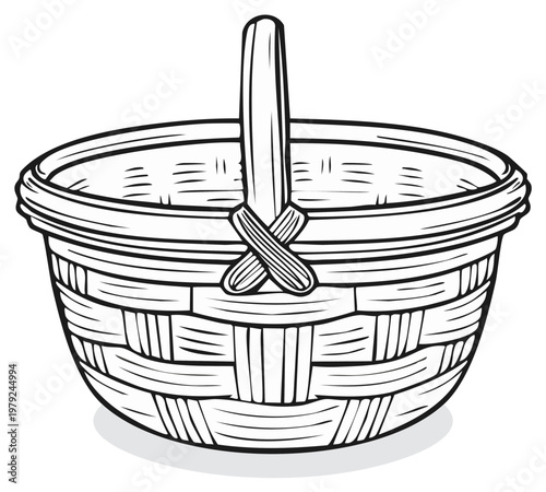 Empty Wicker Picnic Basket with Handle Line Art Illustration