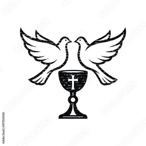 Christian religious symbol textured dove and chalice with cross representing holy spirit and communion for church events.
