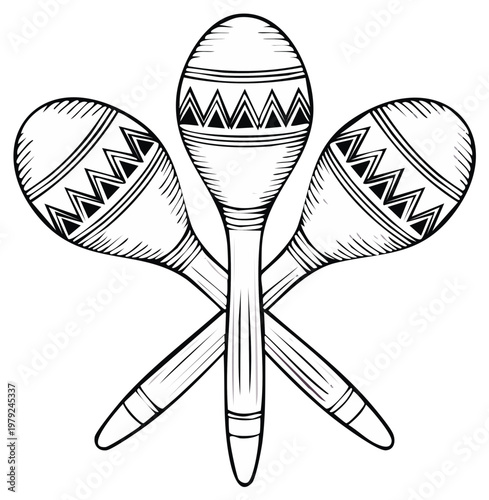 Black and white hand drawn illustration of three crossed maracas with geometric patterns