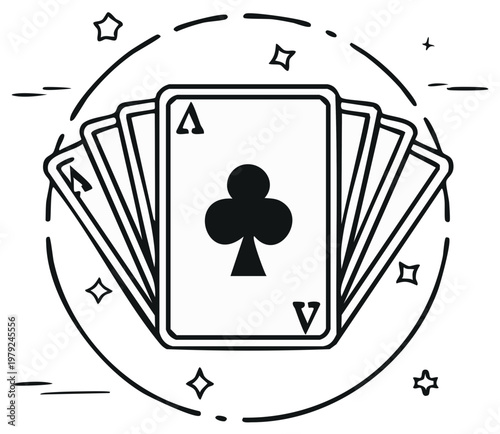 Playing Cards with Clubs Ace in a Circle Outline, Gambling Games and Casino