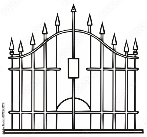 Black outline wrought iron fence with decorative spikes