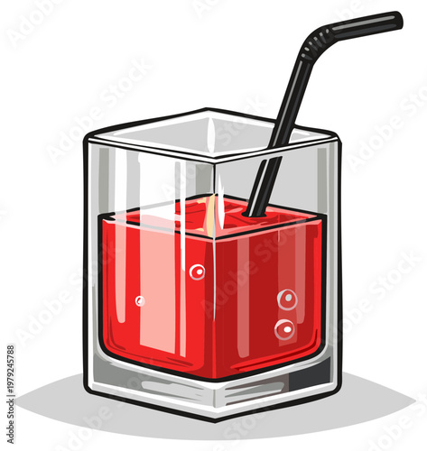 Refreshing Red Drink in a Square Glass with a Black Straw and Bubbles