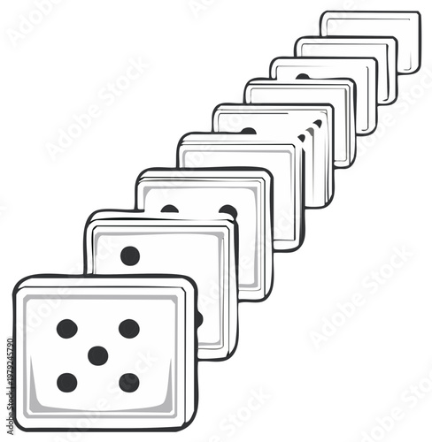 A sequential line of illustrated domino game tiles ready to fall creating a chain reaction