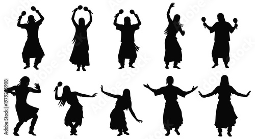 A collection of nine black silhouettes depicting people joyfully dancing and playing castanets full body silhouette high quality professional detailed modern