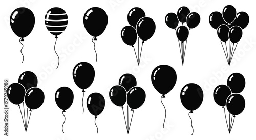 A collection of black balloons in varying sizes and arrangements creating a festive and celebratory aesthetic silhouette high quality professional detailed