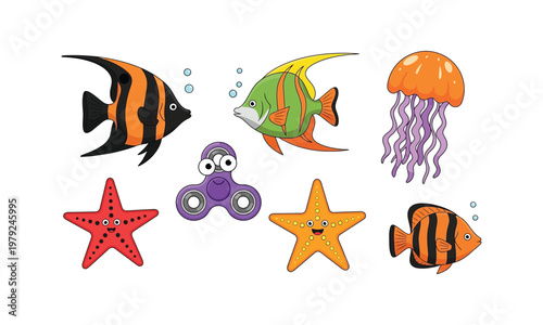 Set of cute sea creatures vector illustration on white background.