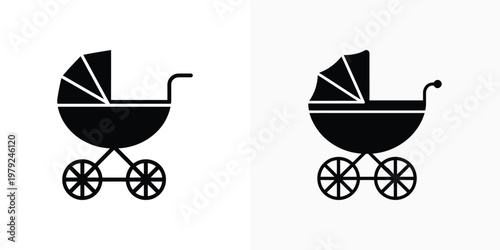 Baby Carriage Icons, Infant Pram Clip Art Silhouette, Wheels on Transparent Background