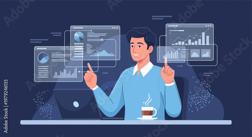 Man analyzing data on futuristic holographic screens with coffee, business analytics concept