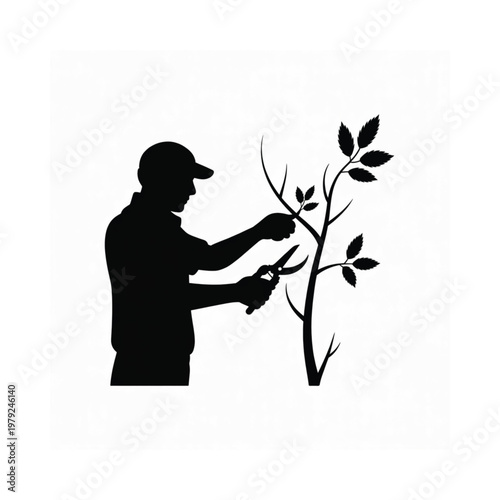 Silhouette of a gardener pruning a small tree with shears