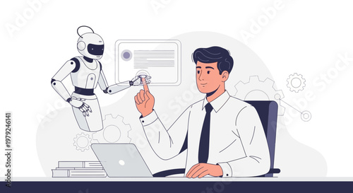 Man and Robot Collaborate on Project, AI Assistance in Business Workflow