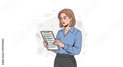 Businesswoman checking evaluation checklist on clipboard, professional work concept