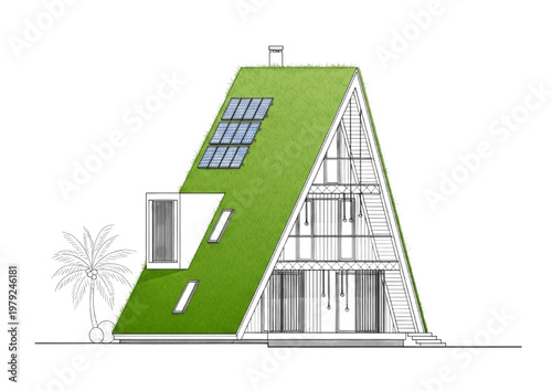 A-frame house with green roof and solar panels, a sustainable modern dwelling