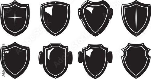 Collection of black shield icons with various designs and shapes