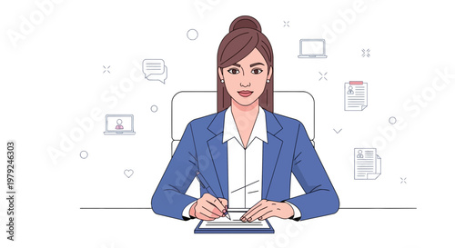 Businesswoman working at desk with digital tablet, laptops, and documents