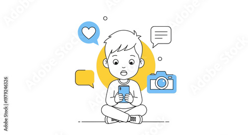 Child engrossed in smartphone, surrounded by social media icons and camera.