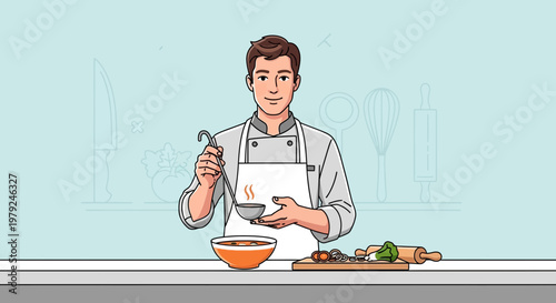 Chef Serving Soup from Ladle into Bowl, Culinary Preparation