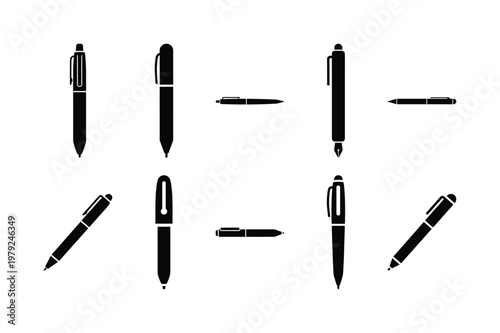 Ballpoint pen silhouette flat black vector icons set