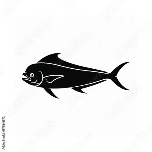 A striking black silhouette of a mahi mahi fish swimming gracefully