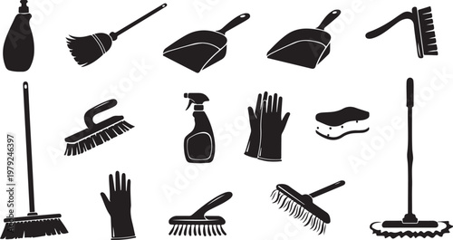 Cleaning tools and equipment in black silhouette on white background